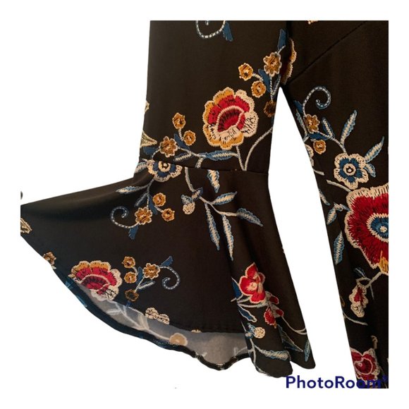 Olivia Matthew Long Sleeve Black Floral Dress with Bell Ruffle Sleeves S… - Picture 3 of 8
